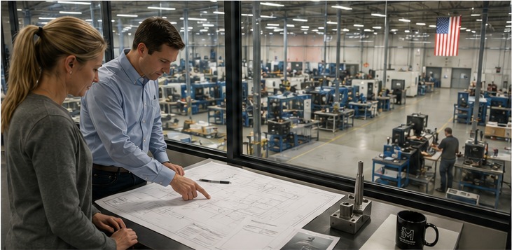 Manufacturing planning meeting overlooking a production floor